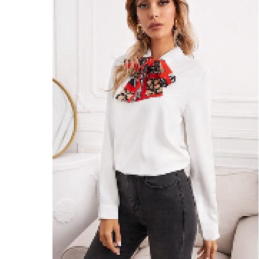 SHEIN White Blouse with Red Bow